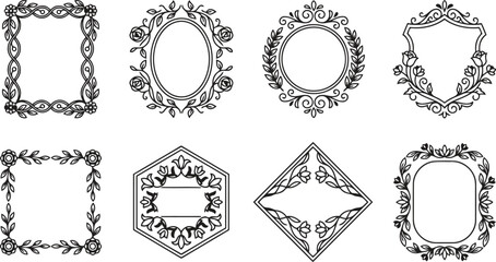 Fototapeta premium A Set Of Eight Ornamental Black And White Floral Frames And Decorative Borders For Elegant Invitation Cards And Professional Branding Stationery Designs In A Clean Vector Style Format.