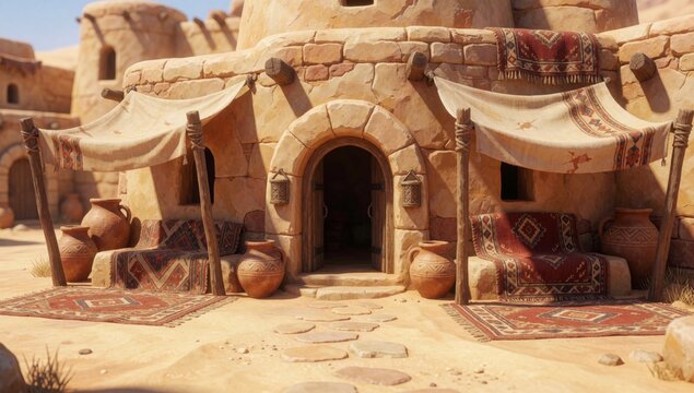 Ancient stone building small entrance center appears made sandstone has dome-shaped roof arched windows either