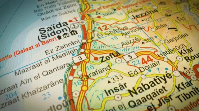 detailed road map to sidon, lebanon &ndash; gliding camera view over atlas map