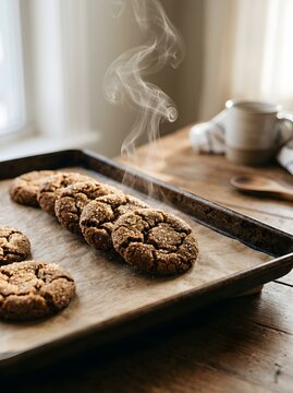 Freshly baked ginger cookies steaming on baking sheet over rustic wooden table