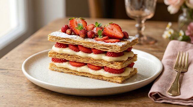 Delicious layered mille feuille dessert with fresh red strawberries and cream on a round ceramic plate. luxury bakery items