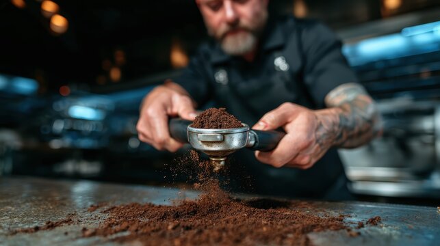A skilled barista expertly tamps coffee grounds for brewing, highlighting the artistry and technique involved in creating the perfect espresso shot in a stylish cafe atmosphere.