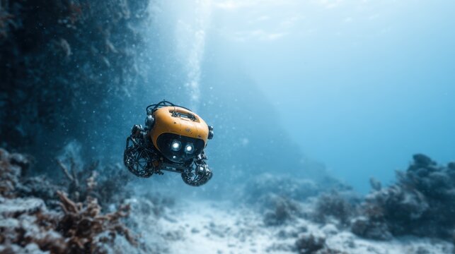 A captivating underwater scene featuring a bright yellow robot navigating the ocean floor, showcasing innovation and technology in marine exploration while surrounded by vibrant coral.