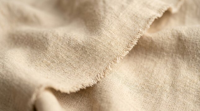 Rough beige linen fabric with frayed edges, showing texture and natural material for crafts and decor.