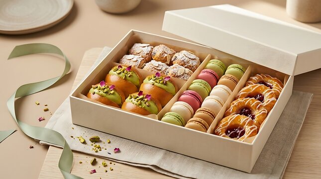 A delicious box of assorted sweet pastries cookies and macarons arranged nicely on a light green table. luxury bakery items