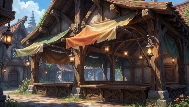 Digital illustration wooden gazebo medieval village structure made beams has sloping roof green orange tarp co