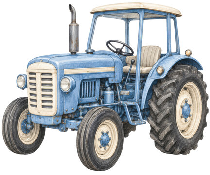 Vintage blue farm tractor, weathered agricultural vehicle with large rear tires, classic farming equipment on white