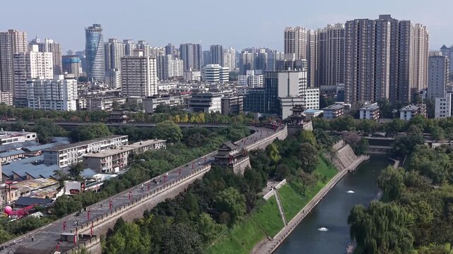 Aerial drone footage of the Great Wall of Xi'an in Shaanxi, China, on a sunny day, 1-inch sensor