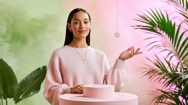 Model wears pink sweater with jewelry