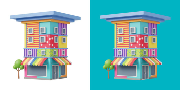 Colorful split-screen building with vibrant storefronts transparent png