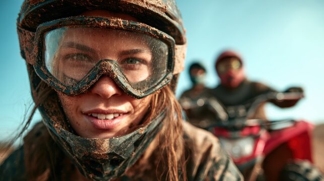 A determined young woman in a muddy environment enjoys her off-road riding adventure, sporting goggles and a smile while surrounded by fellow riders in the background.