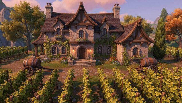 Rendering beautiful medieval-style house vineyard made stone has sloping roof chimneys either side front large