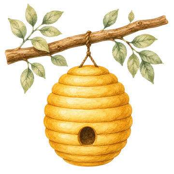 Watercolor beehive hanging from a leafy branch, golden hive illustration, rustic nature artwork for nursery decor