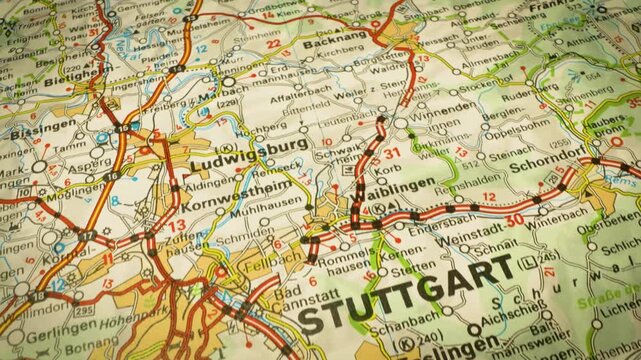 road network leading to stuttgart, germany &ndash; smooth gliding view over detailed atlas map