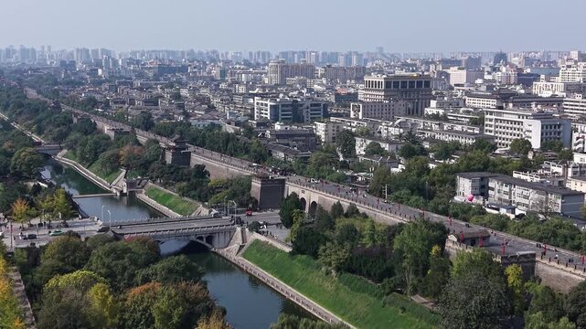 Aerial drone footage of the Great Wall of Xi'an in Shaanxi, China, on a sunny day, 1-inch sensor