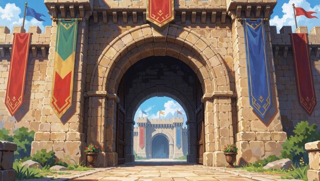 Digital illustration medieval castle gate made stone has large archway center decorated red yellow blue banner