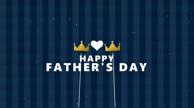 Happy Father's Day Greeting Animation with Golden Crowns and Heart on Blue Striped Background