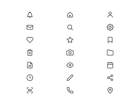 Essential line outline icons set featuring bell home userid profile mail search settings location elements.