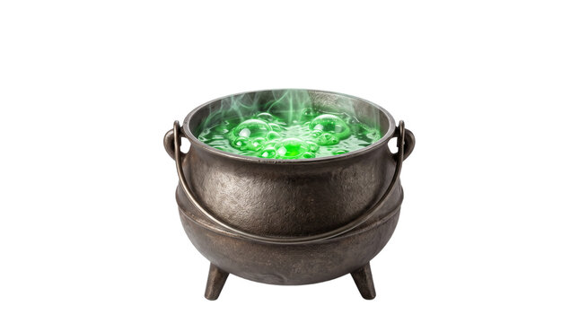 Cauldron isolated on transparent background, bubbling green potion with magic smoke, Halloween witch pot cutout cut out bubbles steam boiling brew wizard sorcery spell iron metal caldron spooky
