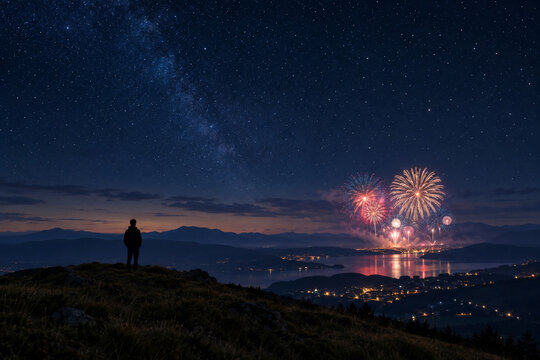 Solitary observer standing on a mountain peak gazing at vibrant fireworks display over a dark nocturnal landscape with the Milky Way galaxy above
