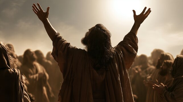 Jesus Christ raises his hands while speaking to a crowd in a desert setting