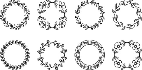 Fototapeta premium Set Of Eight Hand Drawn Circular Floral Wreaths And Botanical Frames For Elegant Wedding Stationery Design, Organic Branding, Minimalist Invitation Layouts, And Creative Card Projects.