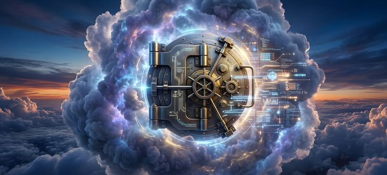 Futuristic secure cloud computing infrastructure protected by a sophisticated digital security shield, symbolizing cloud security, cybersecurity, data protection, encrypted information, cyber threats,