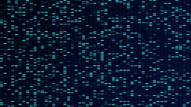 Abstract digital data matrix streaming in glowing blue pixels