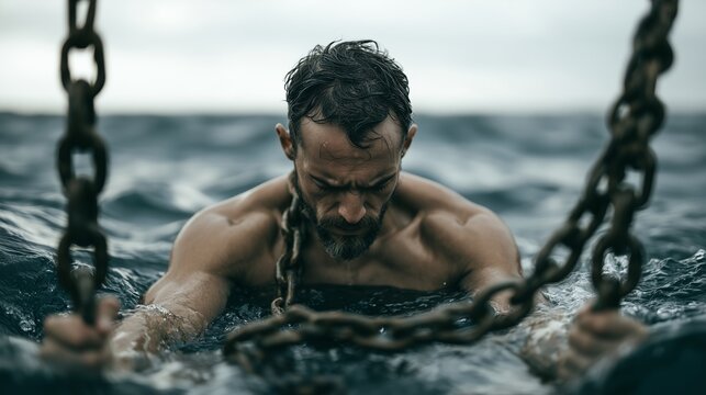 Man with chains in the sea during a cloudy day displays strength and determination while facing water currents