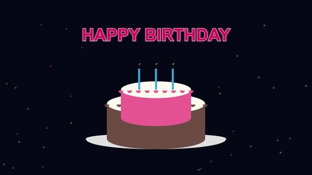 Animated happy birthday cake with burning candles in space