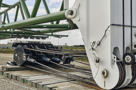 Thisted, Denmark - 11 August 2026: View of the BMS Heavy Cranes 3000 ton electric ring crane produced by Huisman, with massive steel cables and structural components at the wind turbine test center.