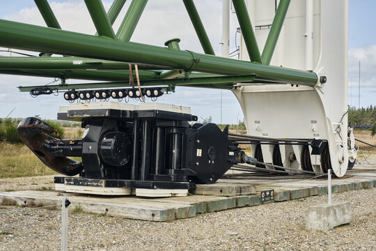 Thisted, Denmark - 11 August 2026: View of the massive hook block of the 3000 ton electric ring crane by Huisman at the National Test Center for Large Wind Turbines in Osterild.