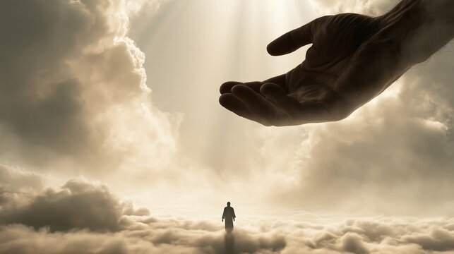 Man in clouds sees large hand of God showing faith and hope in the divine presence