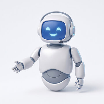 Title: Cute friendly AI assistant robot character with headset
Description: A cute humanoid AI robot assistant wearing a headset, smiling with a welcoming gesture, isolated on white background, repres