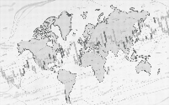 Abstract world map created with a black halftone dot pattern on a white background