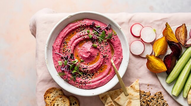 Fresh beet hummus in a bowl with sliced radishes cucumbers and crackers served on a stone table top. tahini dip recipes