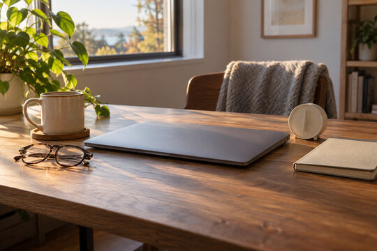 Quiet home office desk at the end of a remote workday