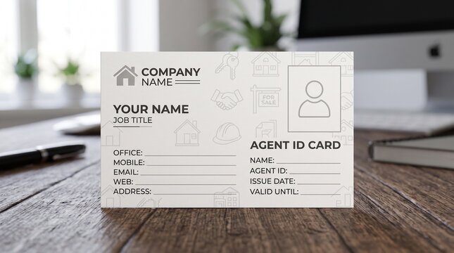Real estate agent ID card template on wooden desk