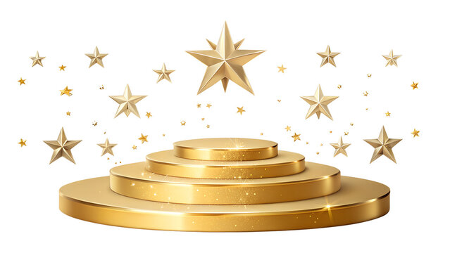 Golden Round Podium Stage with Floating Gold Stars Isolated on White Background   