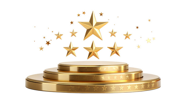 Golden Round Podium Stage with Floating Gold Stars Isolated on White Background   