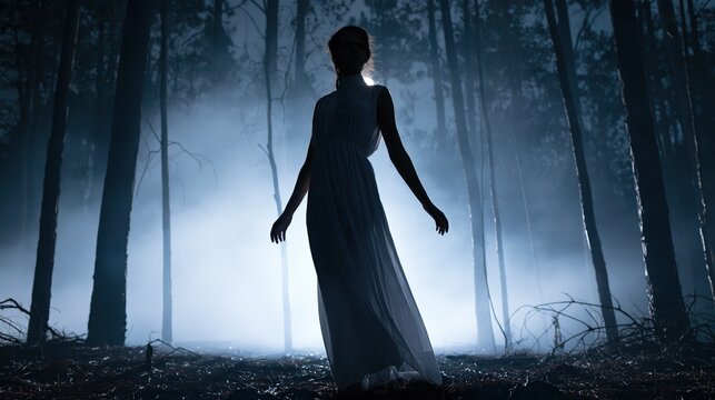 Mysterious Woman in White Dress Standing in Foggy Night Forest
