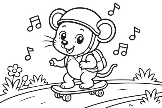 Cute cartoon mouse wearing a helmet and backpack skateboarding with musical notes floating around, perfect for children's coloring pages or educational content