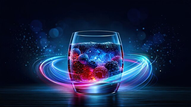 Glass of Berry Drink with Swirling Lights and Cosmic Effect