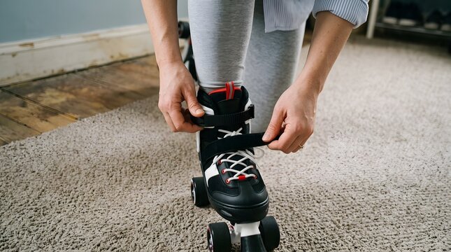 Close up of a person carefully fastening inline skates preparing for a fun outdoor activity on a sunny day