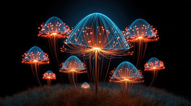 Glowing bioluminescent mushrooms in a dark forest at night