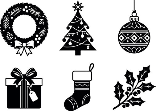 Christmas Icons Vector Set, Black Holiday Silhouettes, Festive Winter Elements