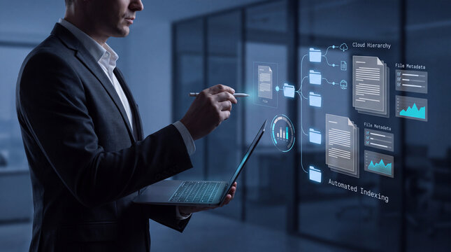 Corporate Professional Working on Laptop with Holographic Document Management System for Cloud File Organization Data Archiving Workflow Automation and Virtual Office Folder Indexing