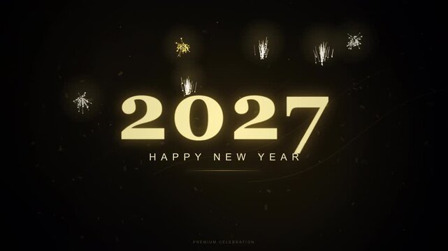 Golden 2027 happy new year text with glowing particles on black