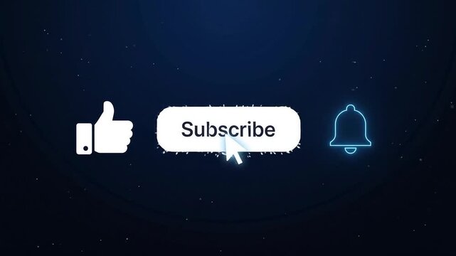 Neon Glowing Outline Like, Subscribe, and Bell Animation with Shooting Star and Particle Effects on Dark Blue Background
