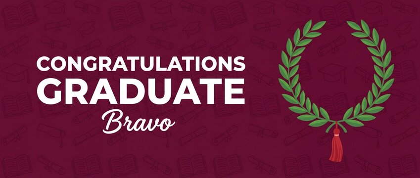 Congratulations Graduate Banner Laurel Wreath background for graduation ceremony celebration header with diploma cap line pattern, academic achievement card, university college success horizontal vect